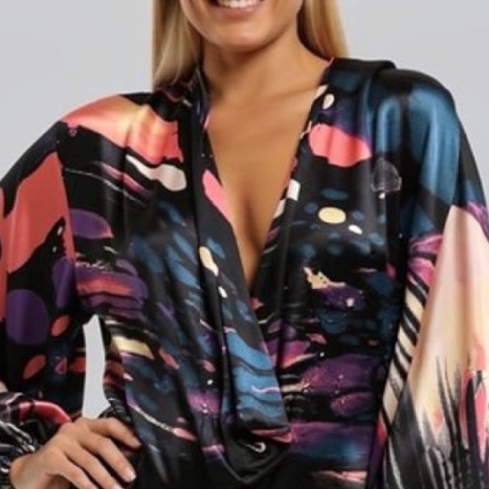 Roberto Cavalli Abstract Print Draped V-Neck Women’s Top - Multicolor